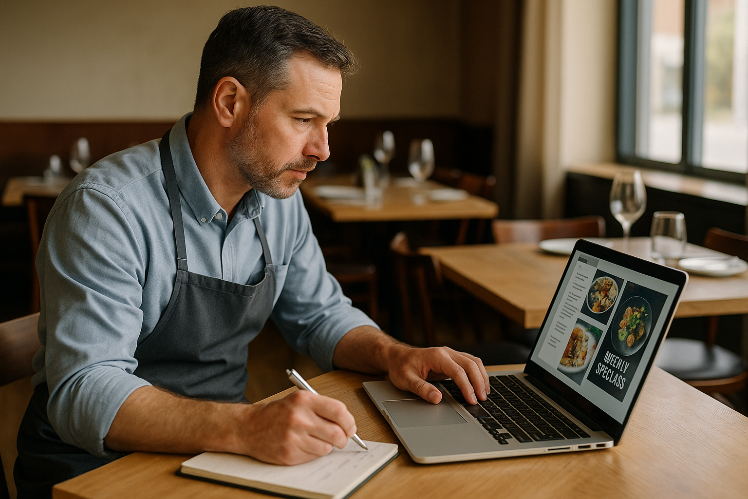 Small business workflow scene for How AI can help a restaurant create weekly marketing content