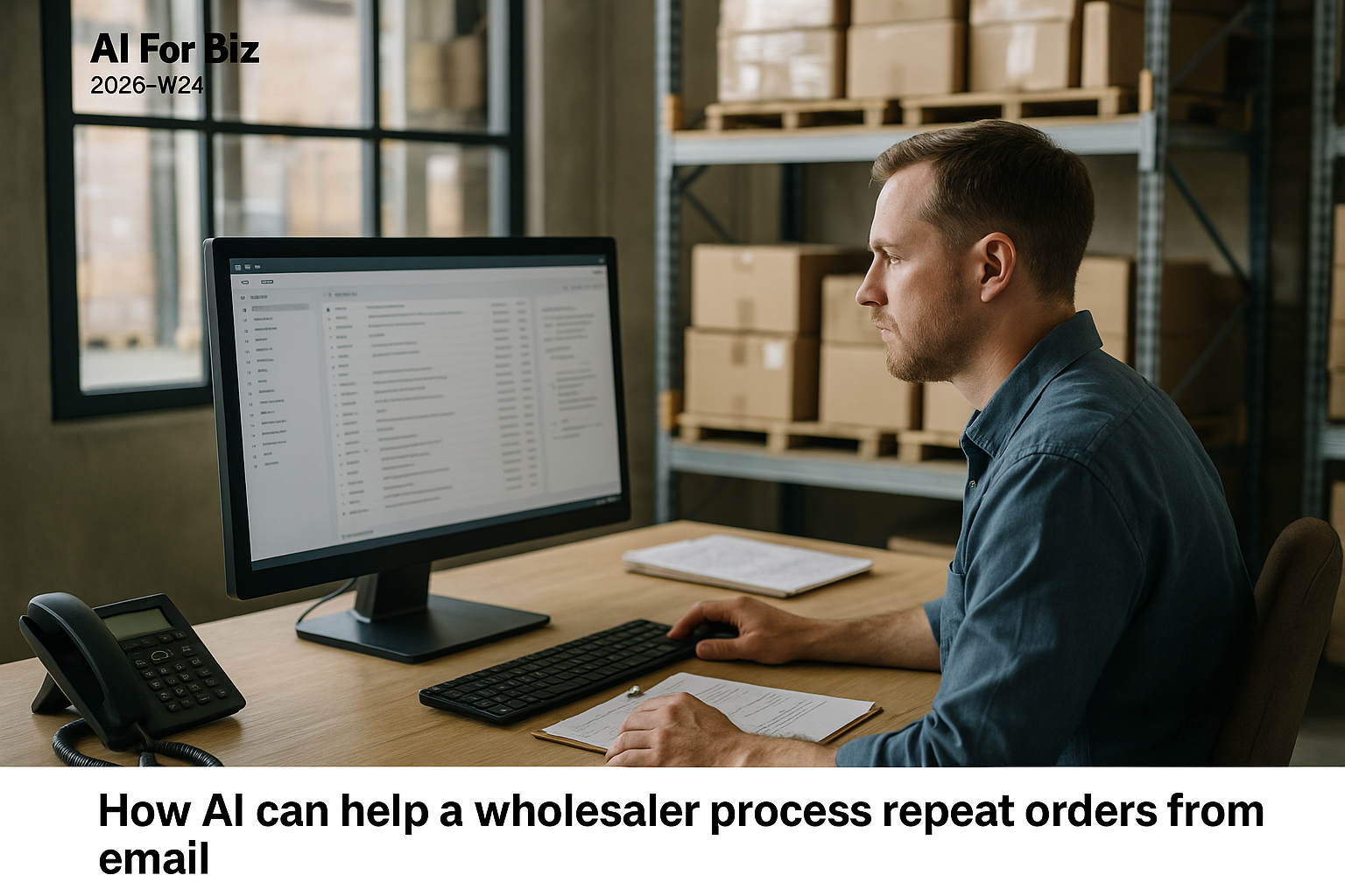 Small business workflow scene for How AI can help a wholesaler process repeat orders from email (2026-W24)