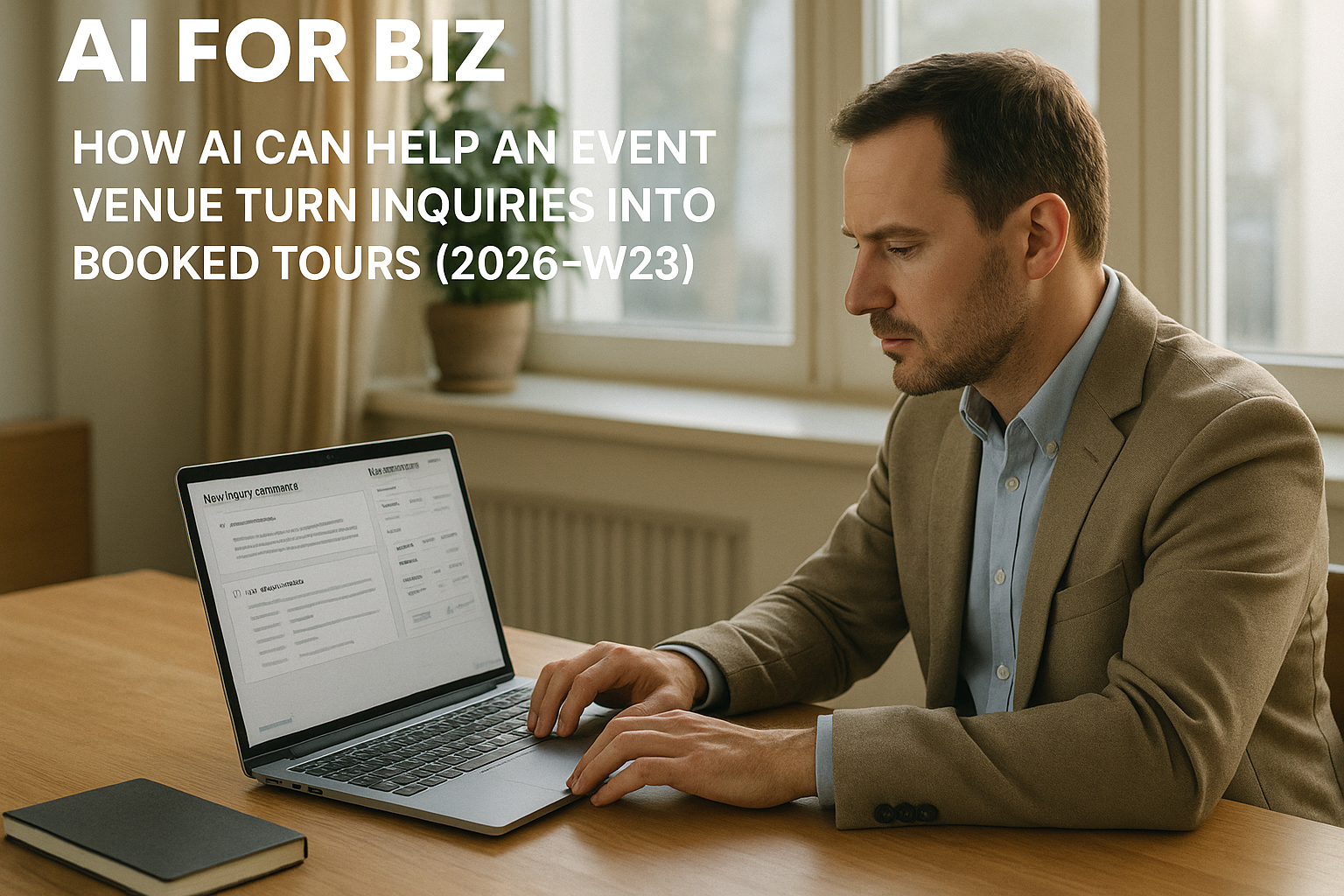 Small business workflow scene for How AI can help an event venue turn inquiries into booked tours (2026-W23)
